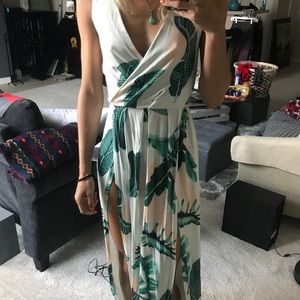 Open Back M-Slit palm Leaf Print Dress
